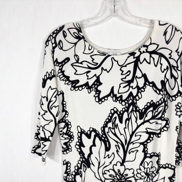 Cache Small Top Knit Black White‎ Floral Outline Half Sleeve Sweater Stretch 996 - Picture 3 of 10